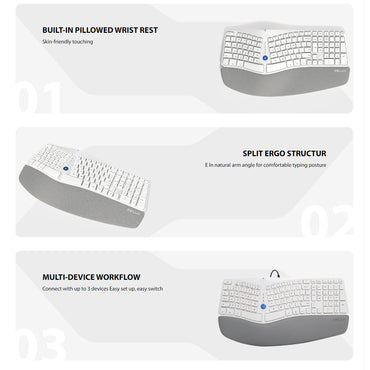 Delux GM901D Wireless Bluetooth Ergonomic Split Membrane Keyboard 2.4G with Built-in Pillowed Palm Rest, No Backlit, 107 Keys, Curved Keyframe, USB Receiver, and Multi-media Control for Windows, Mac, Android