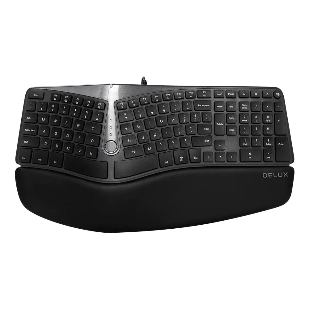 Delux GM901U Wired 107 Keys Ergonomic Split Membrane Keyboard with Built-in Soft Palm Rest, No Backlit, Curved Keyframe, 2 USB Hubs, and 8 million Key Lifetime for Windows and macOS