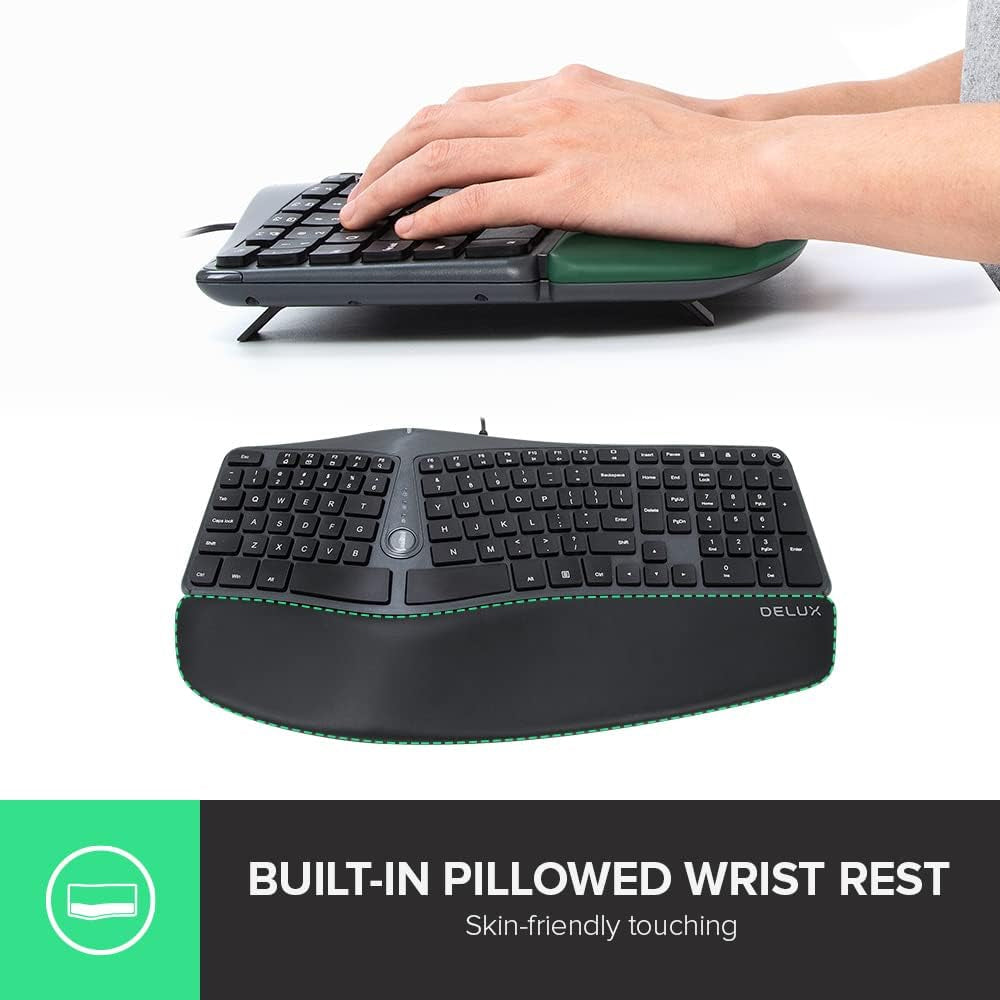 Delux GM901U Wired 107 Keys Ergonomic Split Membrane Keyboard with Built-in Soft Palm Rest, No Backlit, Curved Keyframe, 2 USB Hubs, and 8 million Key Lifetime for Windows and macOS
