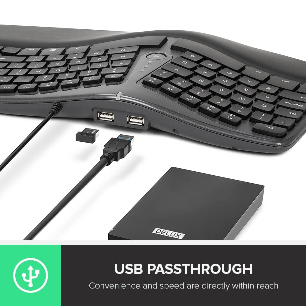 Delux GM901U Wired 107 Keys Ergonomic Split Membrane Keyboard with Built-in Soft Palm Rest, No Backlit, Curved Keyframe, 2 USB Hubs, and 8 million Key Lifetime for Windows and macOS