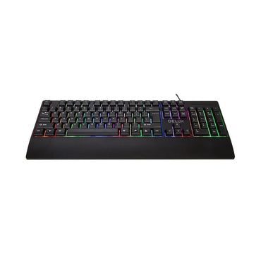 Delux K9852U 104 Key USB Wired Membrane Keyboard with RGB Backlighting and Integrated Wrist Pad for PC and Laptop Computers