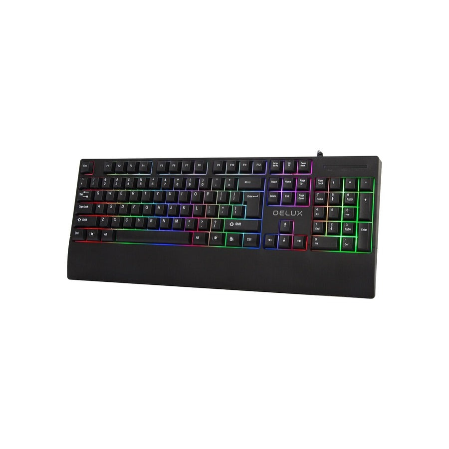 Delux K9852U 104 Key USB Wired Membrane Keyboard with RGB Backlighting and Integrated Wrist Pad for PC and Laptop Computers