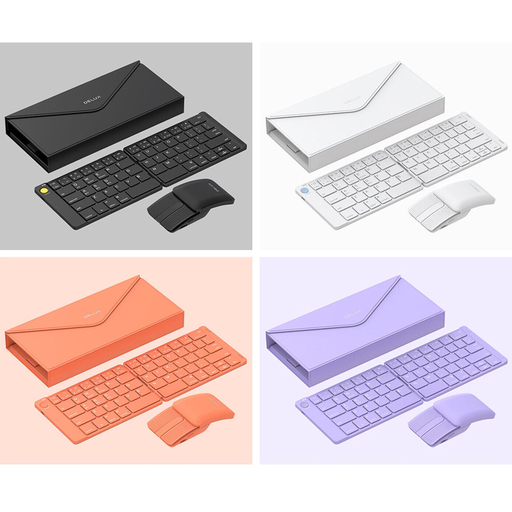 Delux PockCombo KF10 and MF10 Pro Wireless Ultra-Slim Foldable Bluetooth 5.1 Keyboard and Sliding Mouse with Leather Bag, Touch Panel, 64 US Standard Keys and Scissor Keycaps, and 3 Buttons with Silent Click for Windows and macOS