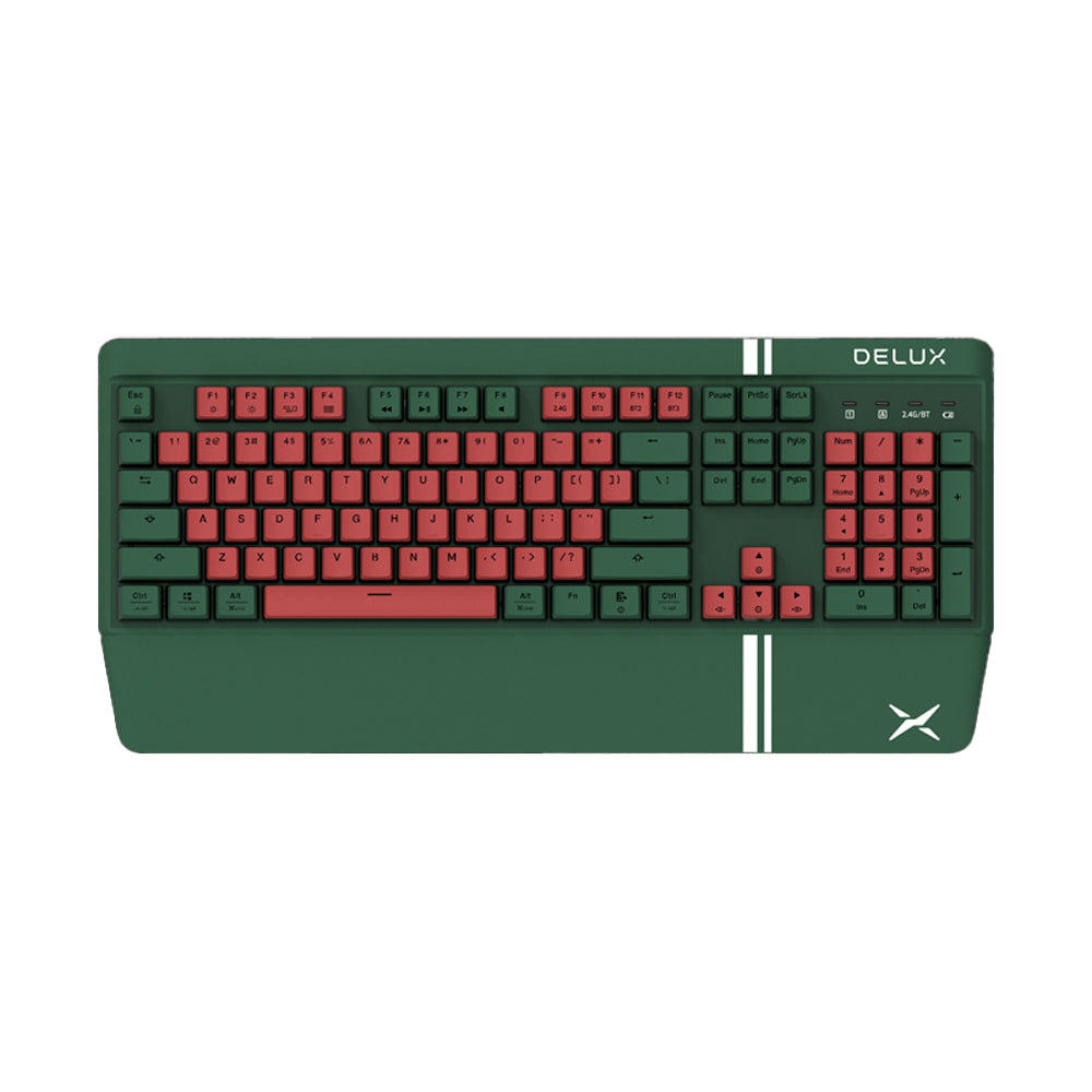 Delux KM17DB Wireless Bluetooth Mechanical Gaming Keyboard RGB Backlit Rechargeable with Detachable Palm Rest, 104 Standard Keys, Gateron Yellow Pro Switch, Hot Swappable Keys, PBT Keycaps, and 1pc Metal Switch Puller (Red & Green)