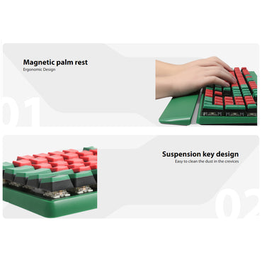 Delux KM17DB Wireless Bluetooth Mechanical Gaming Keyboard RGB Backlit Rechargeable with Detachable Palm Rest, 104 Standard Keys, Gateron Yellow Pro Switch, Hot Swappable Keys, PBT Keycaps, and 1pc Metal Switch Puller (Red & Green)