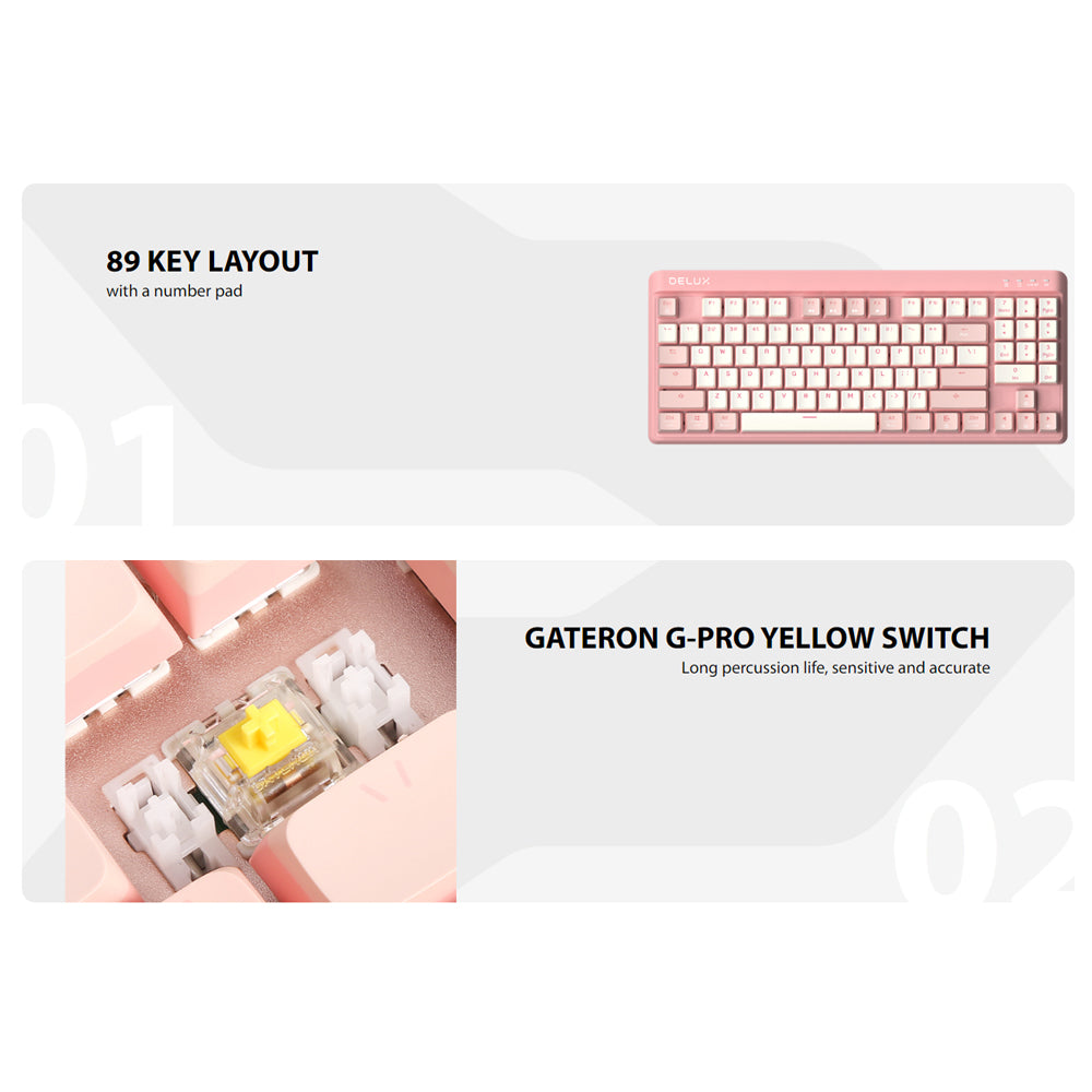 Delux KM18DB Wireless Bluetooth Mechanical Gaming Keyboard RGB Backlit Rechargeable with 89 Standard Keys, Hot Swappable Keys, Gateron Yellow Pro Switch, PBT Keycaps, Fully Programmable Keys (Pink & White)
