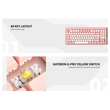 Delux KM18DB Wireless Bluetooth Mechanical Gaming Keyboard RGB Backlit Rechargeable with 89 Standard Keys, Hot Swappable Keys, Gateron Yellow Pro Switch, PBT Keycaps, Fully Programmable Keys (Pink & White)
