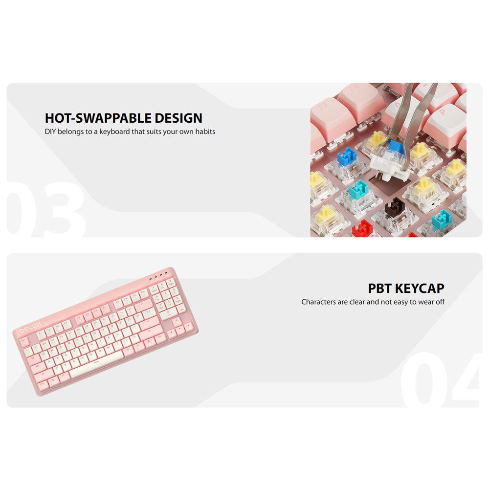 Delux KM18DB Wireless Bluetooth Mechanical Gaming Keyboard RGB Backlit Rechargeable with 89 Standard Keys, Hot Swappable Keys, Gateron Yellow Pro Switch, PBT Keycaps, Fully Programmable Keys (Pink & White)