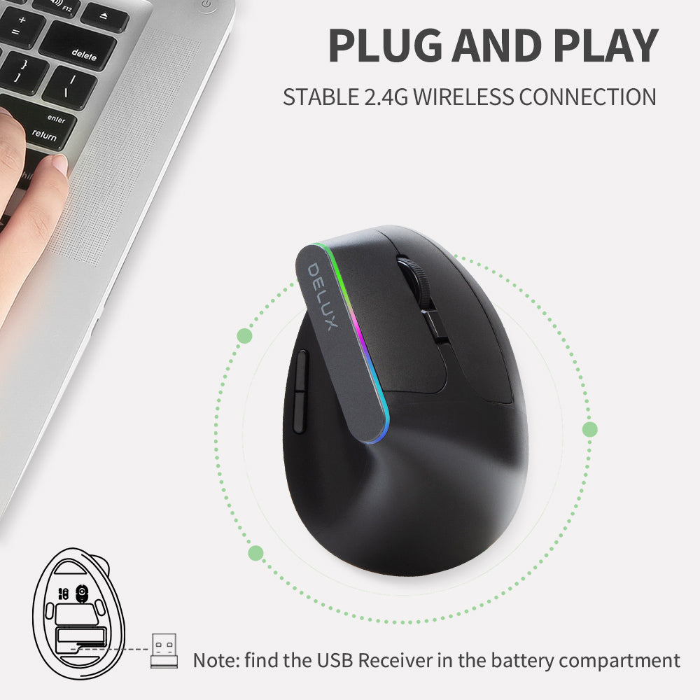 Delux M618C Wireless Bluetooth Optical Ergonomic Vertical Mouse RGB with Silent Click, 1600 DPI, 6 Buttons for Windows and macOS (Black)