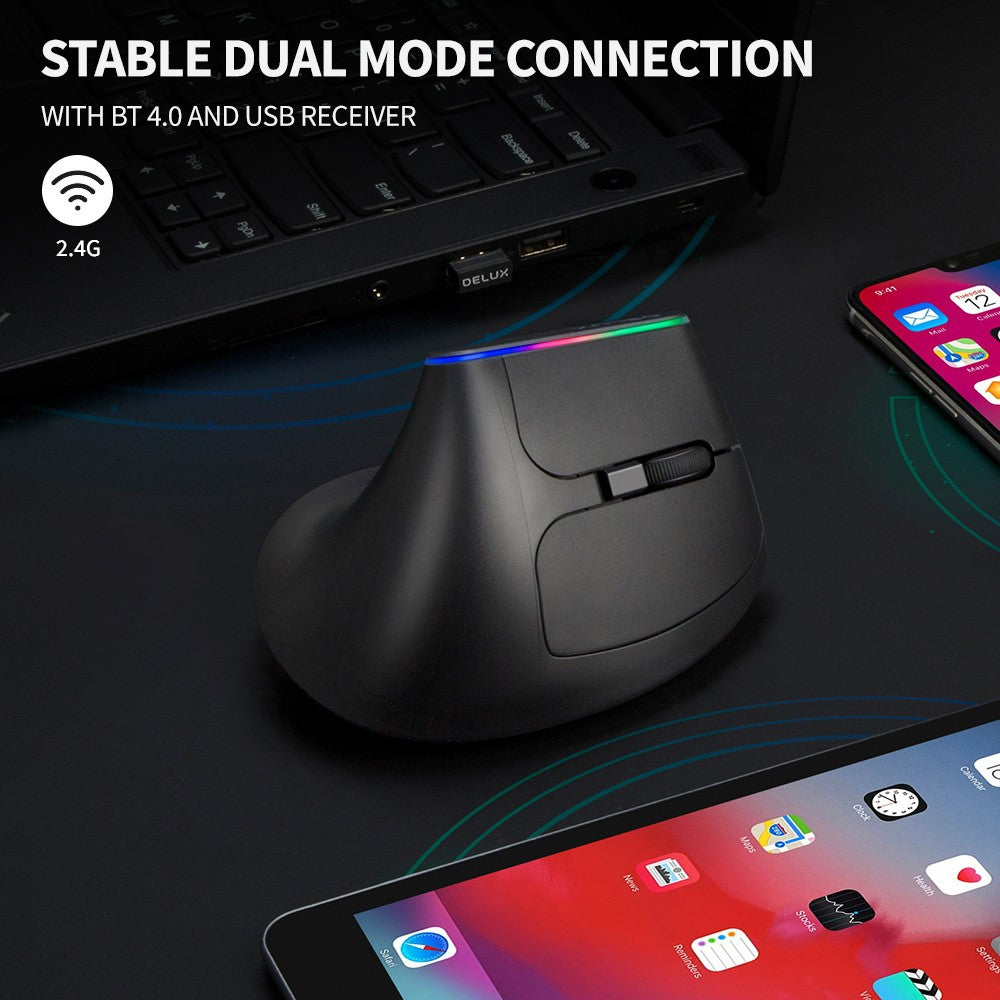 Delux M618C Wireless Bluetooth Optical Ergonomic Vertical Mouse RGB with Silent Click, 1600 DPI, 6 Buttons for Windows and macOS (Black)