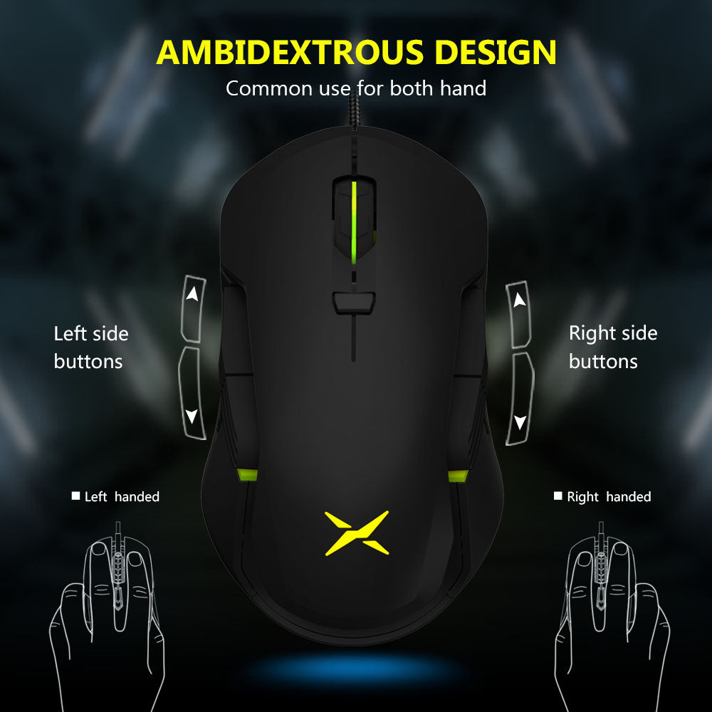 Delux M627 PMW3389 RGB Wired / Wireless Ambidextrous Gaming Mouse with 16000 DPI, 8 Programmable Buttons, Detachable USB-C Input Cable, Side Wings, USB Receiver for Windows XP / 7 / 8 / 10