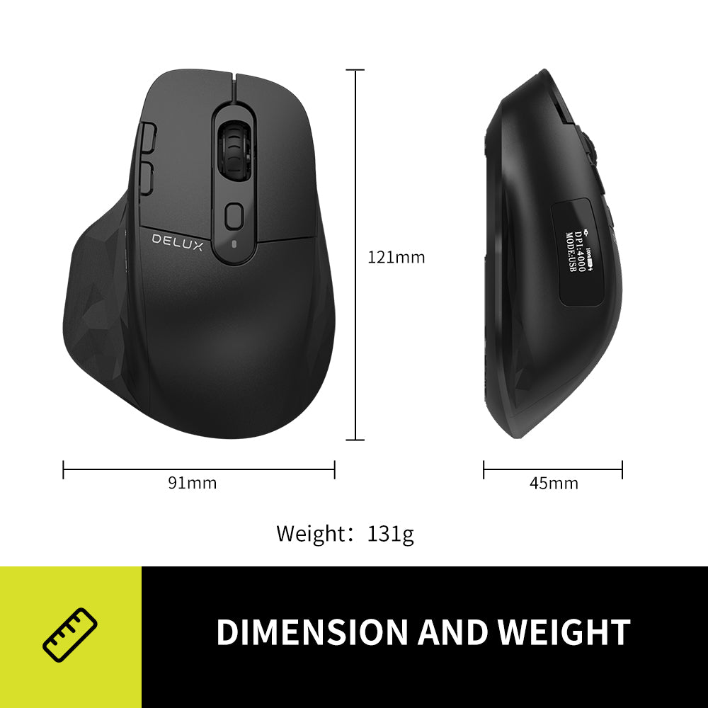 Delux M912DB Wired / Wireless Bluetooth Optical Ergonomic Mouse 2.4GHz with OLED Screen, 4000 DPI, USB Receiver, 8 Programmable Buttons, Non-Slip Grip Rechargeable for Windows PC, Laptop, macOS