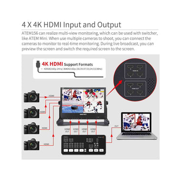 Feelworld SEETEC Full HD 15.6" Live Streaming Broadcast IPS LCD Monitor 1920 x 1080 with Multiview Display, 4-In/Out 4K HDMI, Multiple Shooting Functions and VESA Mount for Live Streaming & Broadcasting Production | ATEM156