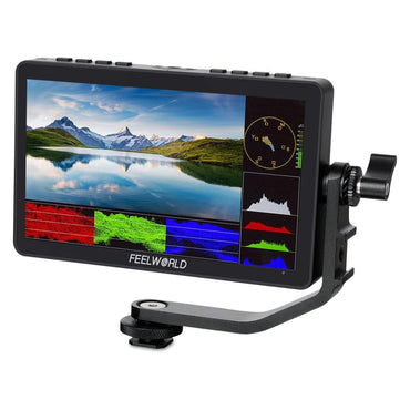 FEELWORLD F5 PRO V4 PROX 6 / 5.5 Inches Camera Field Monitor 3D LUT 450 / 1600-nit Full-HD IPS LCD Touch Screen Display Panel with 4K UHD HDMI Input & Output Loop, L-Series Battery Plate, Cold Shoe Tilt Arm for DSLR, SLR, Mirrorless Camera