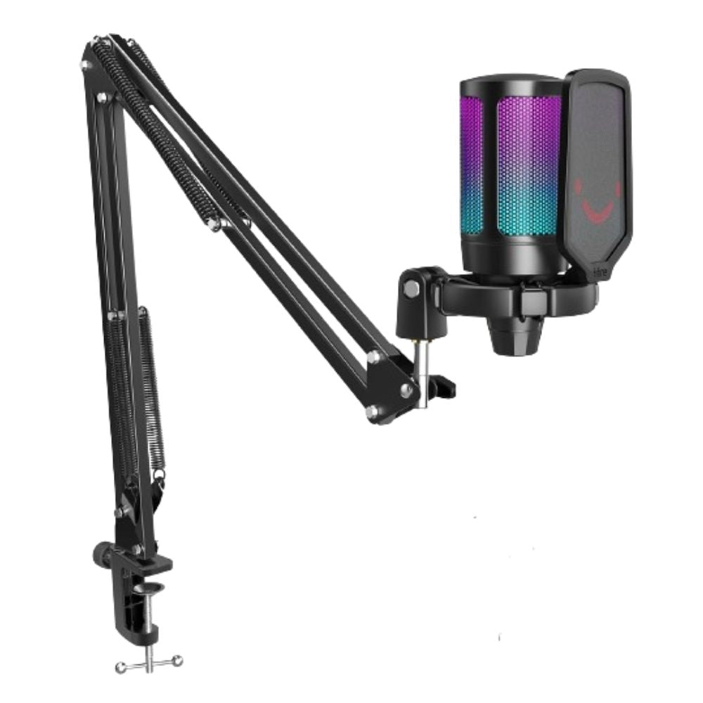 Fifine A6T AmpliGame USB Wired Cardioid Condenser Microphone with Two-Tone RGB Light, Adjustable Boom Arm, USB-C to USB-A Cable, Quick Mute Button for PC, Laptop, PS5, PS4, Voice Recording, Live Streaming and Broadcast - Black
