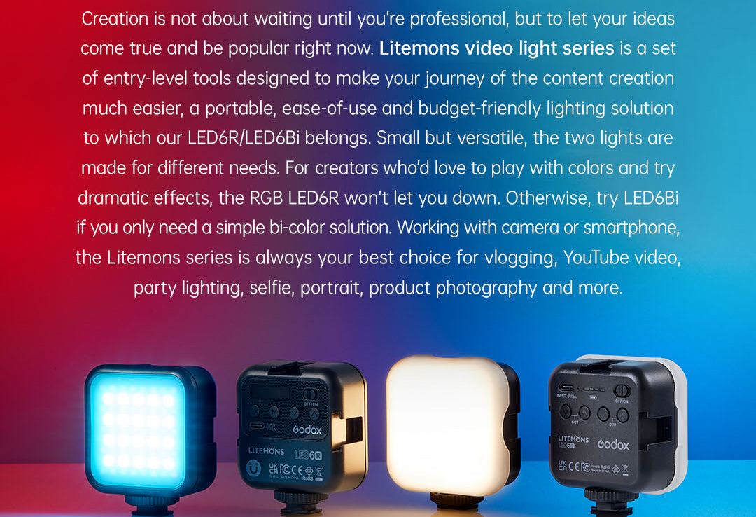 Godox LED6Bi Litemons Bi-Color Pocket Sized LED Video Light (3200 to 6500K) 1800mAh Lithium Battery