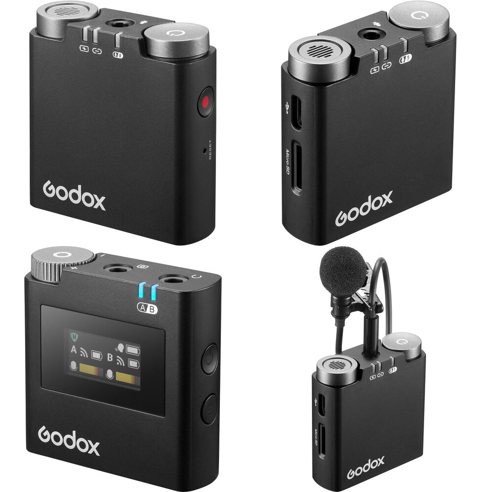 Godox Virso M2 Double Omnidirectional Wireless Dual-Channel Lavalier Microphone System with Belt Clip Mounts, 3.5mm TRS AUX and USB-C Ports, and up to 200m Max Range and 17H Max Battery