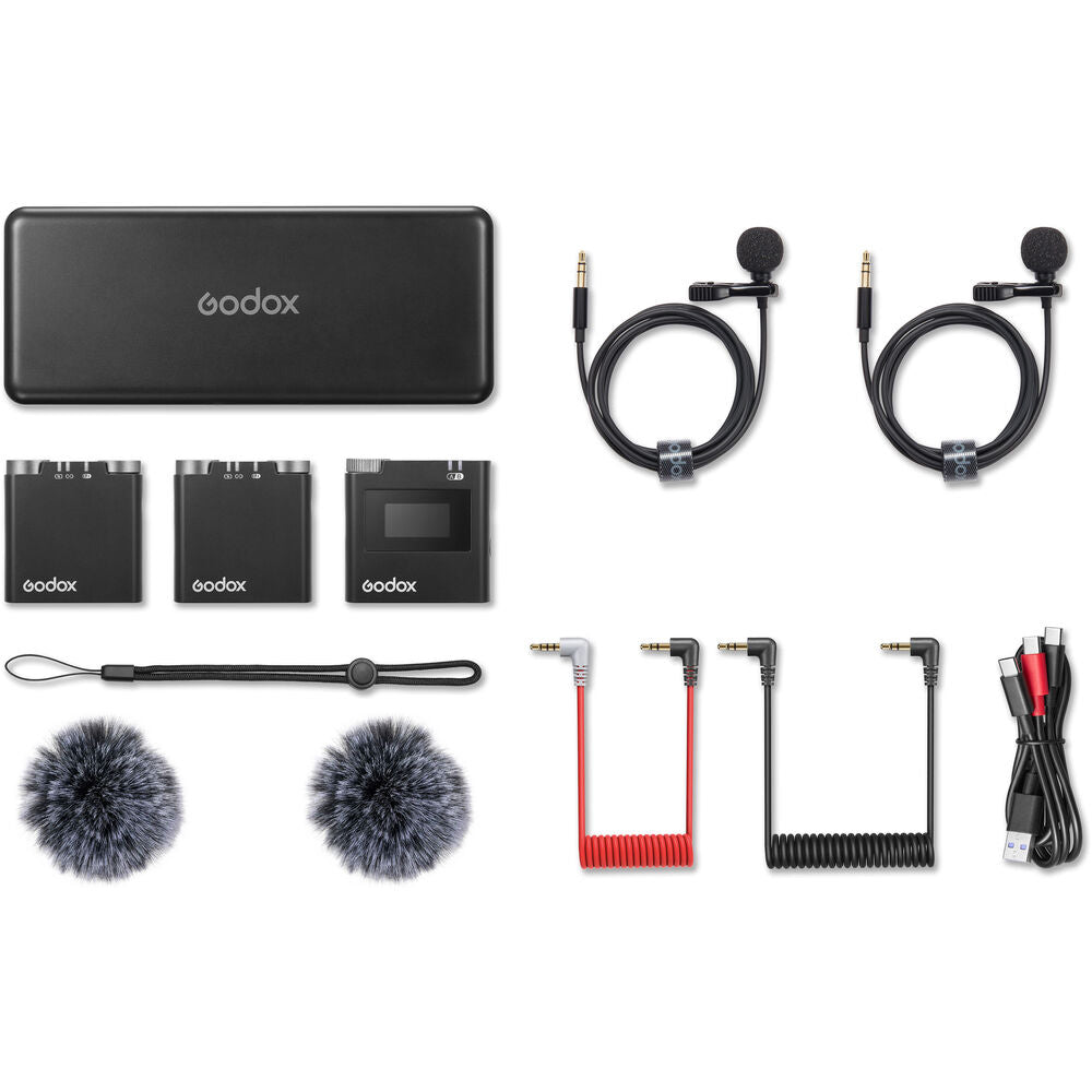 Godox Virso M2 Double Omnidirectional Wireless Dual-Channel Lavalier Microphone System with Belt Clip Mounts, 3.5mm TRS AUX and USB-C Ports, and up to 200m Max Range and 17H Max Battery