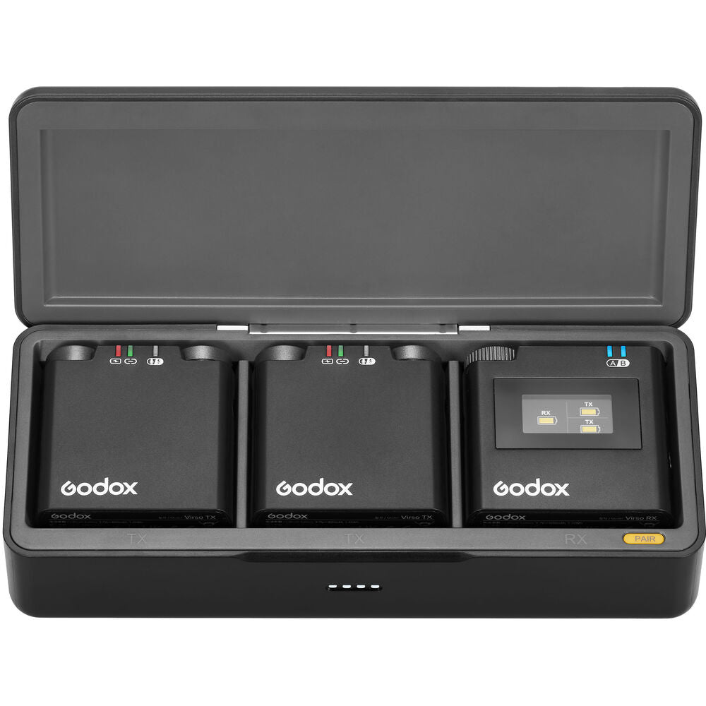Godox Virso M2 Double Omnidirectional Wireless Dual-Channel Lavalier Microphone System with Belt Clip Mounts, 3.5mm TRS AUX and USB-C Ports, and up to 200m Max Range and 17H Max Battery