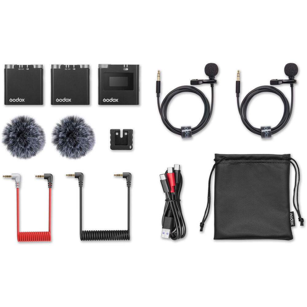 Godox Virso S M2 Double Omnidirectional Wireless Dual-Channel Lavalier Microphone System with Hot Shoe Mount, 3.5mm TRS AUX and USB-C Ports, and up to 200m Max Range and 17H Max Battery for Sony Cameras