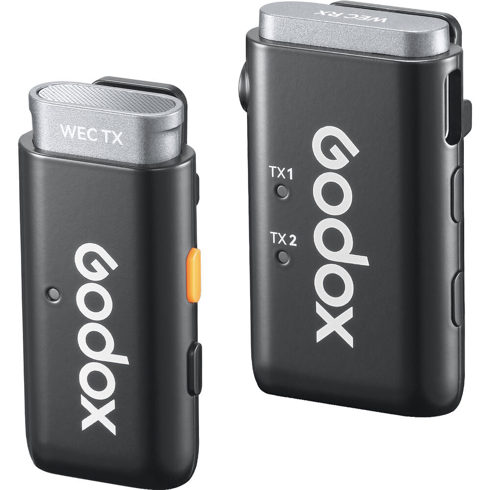 Godox WEC Kit 1 Person / Kit 2 Person 2.4 GHz Wireless Clip-On Lavalier Microphone System with 3.5mm TRS Audio Output, 200m Max Range, Noise Reduction, Dual Channel Receiver, LED Indicators and Type-C Interface for Vlogging, Interview