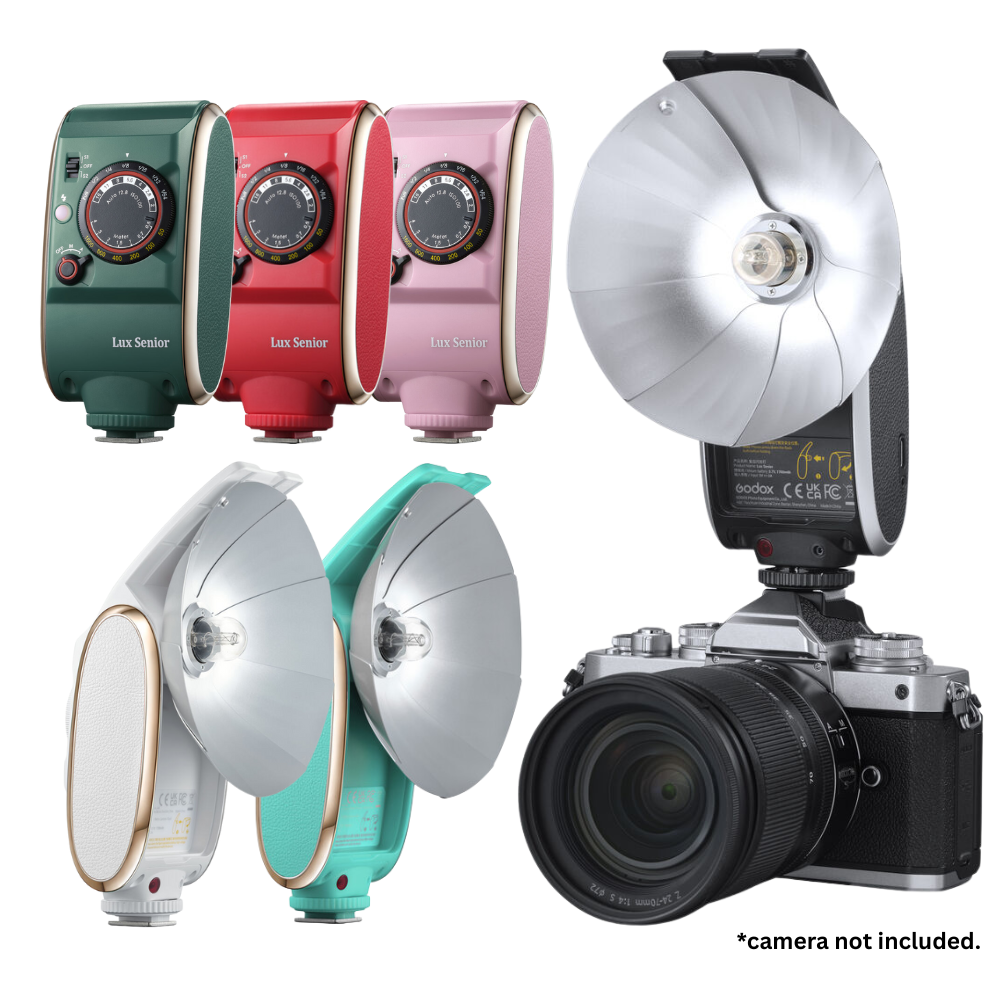 Godox Lux Senior Retro Camera Flash with Manual & Auto Modes, Collapsible Reflector, USB-C Port for Canon, Nikon, Fujifilm, Olympus, Sony Cameras - Available Colors