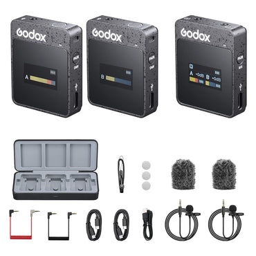 Godox MoveLink Series II M2 Wireless Omnidirectional Lavalier Microphone System with Clip-On Transmitter / Receiver (TX TX RX), with 8HR / 6HR Runtime, Built-In Rechargeable Batteries and Charging Case for Vlogging and Interviews