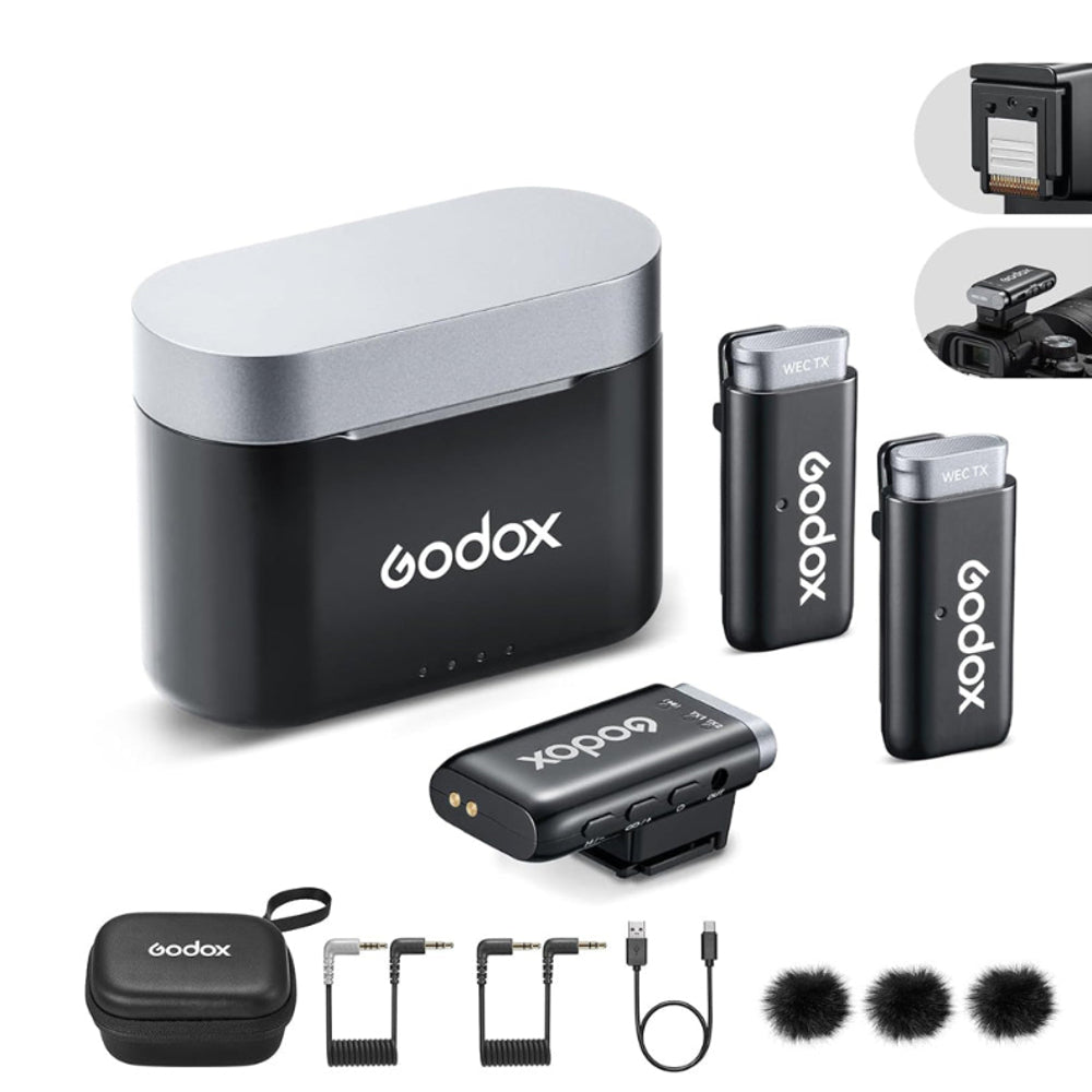 Godox WEC-S 2-Person Wireless Mic (2TX + 1RX) with Multi-Interface Shoe for Sony Cameras, Charging Case, Digital & Alog Audio Mode, Built-In Microphone On Receiver, Clip-On Transmitters, 8+21 Hours Battery Life for Vlogging & Streaming