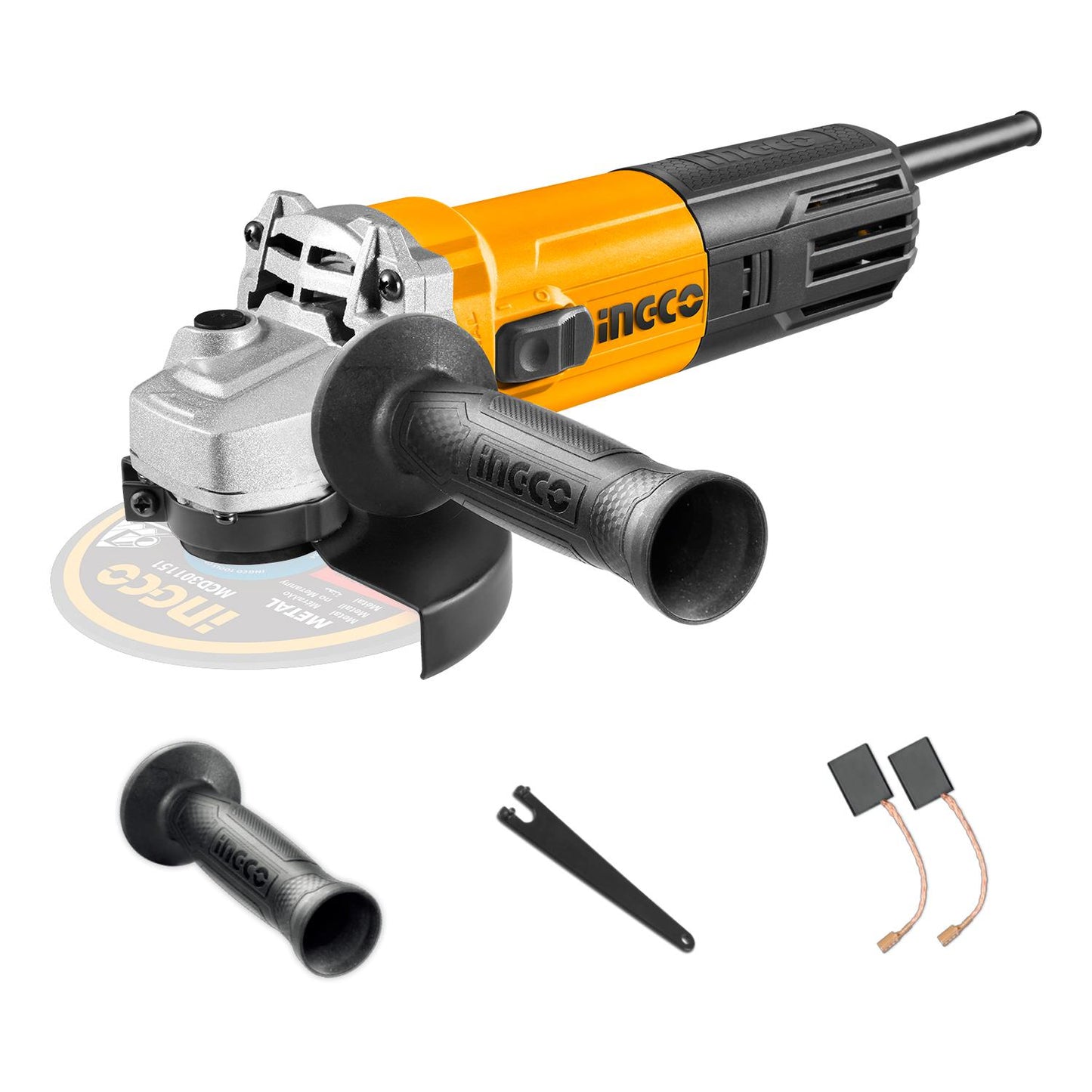 INGCO 1100W Electric Angle Grinder with 240V, 11000rpm, 125mm Disc Diameter, M14 Spindle Thread, Auxiliary Handle, and 1set Extra Carbon Brushes for Wood, Metal, and Concrete | AG110018