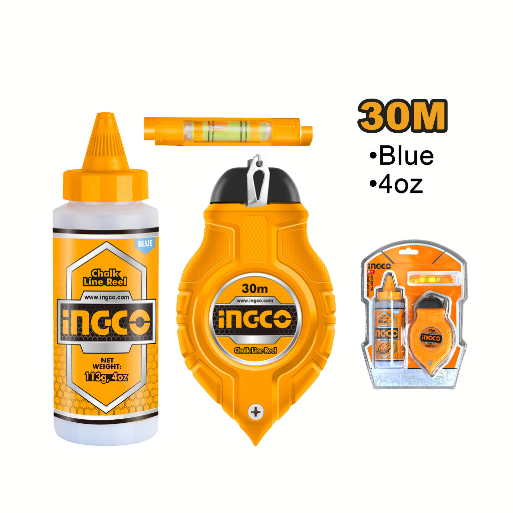 INGCO 30m Chalk Line Reel with Bottle Chalk and Spirit Bubble for Floors, Walls, Ceilings, Partitions, and Ceramics | HCLR0130