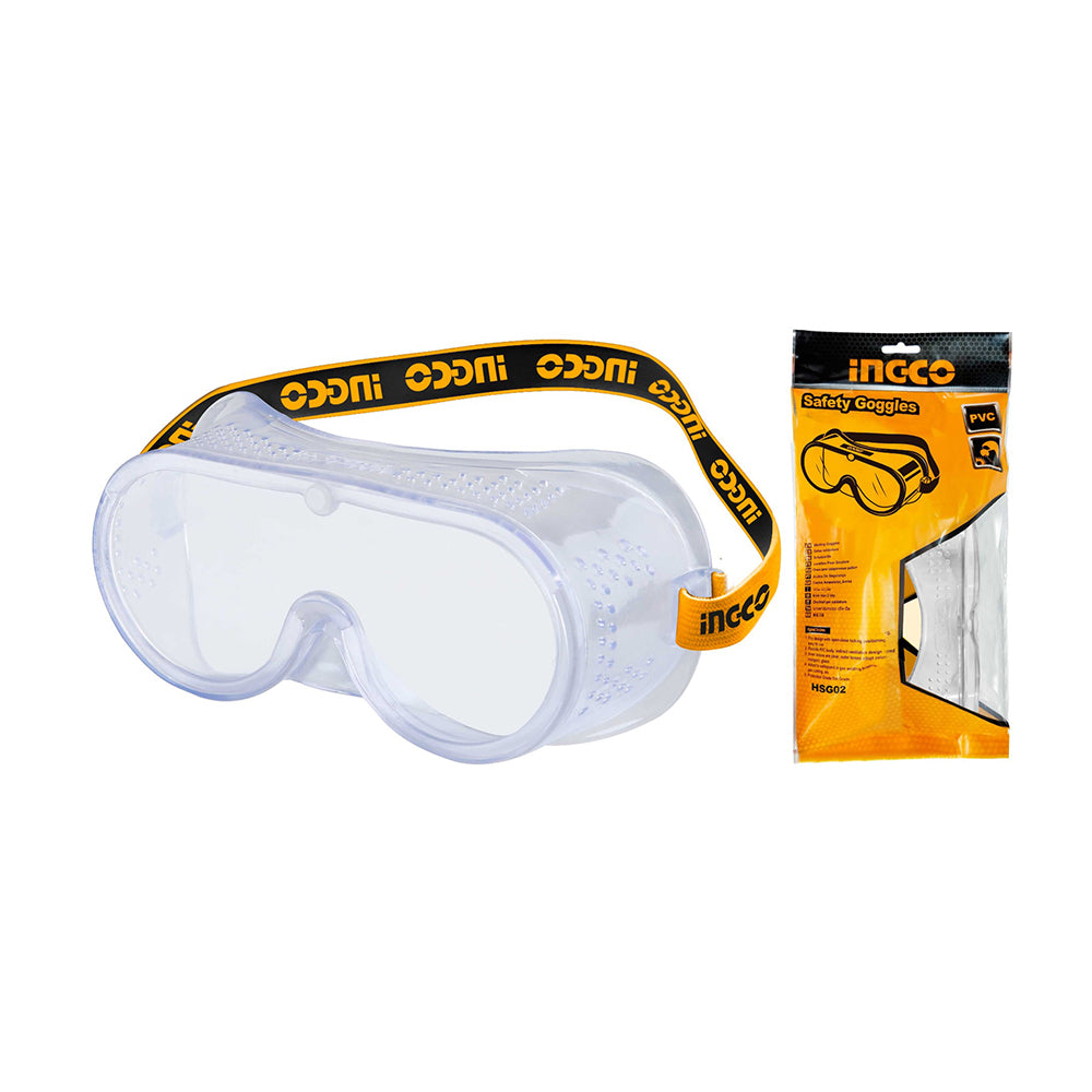 INGCO HSG02 Safety Goggles Eye Protection Shield PVC Frame Squeeze Resistance with High Elastic Headband, Vents on All Sides, Anti-Liquid Spatter