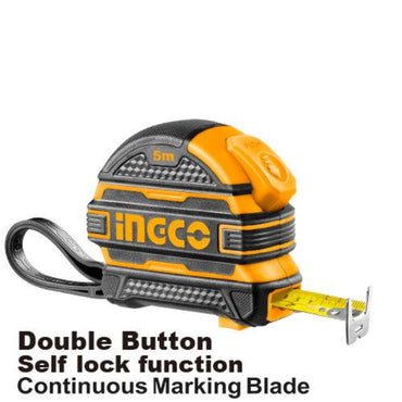 INGCO 5m Steel Measuring Tape (Metric/Inch) Continuous Marking Blade with Self-lock function and Double Button Pure ABS Cover | HSMT08519