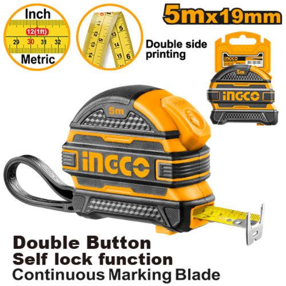 INGCO 5m Steel Measuring Tape (Metric/Inch) Continuous Marking Blade with Self-lock function and Double Button Pure ABS Cover | HSMT08519