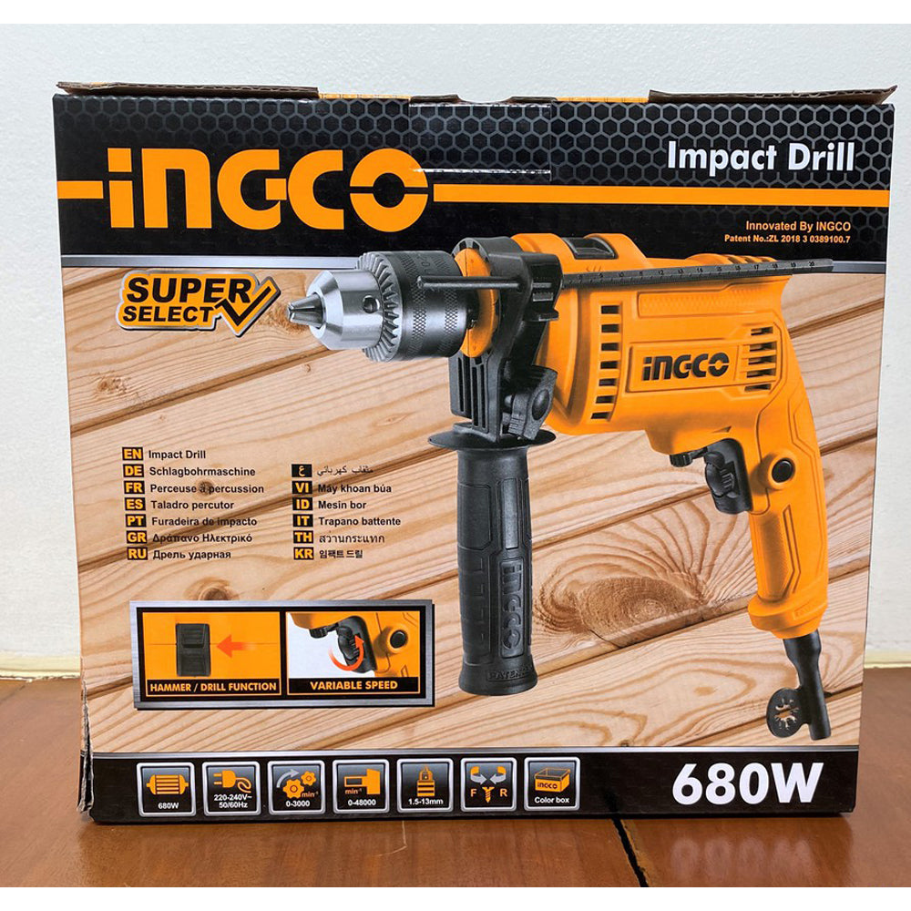 INGCO ID68016P 680W Electric Impact Drill SP Super Select with 3000rpm, Hammer Function, Forward/Reverse Switch, and Fixed Variable Speed for Metal, Wood, Concrete