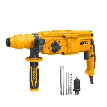 INGCO 800W Industrial Rotary Drill Hammer SDS Plus Chuck System with 1100rpm, Quick Change Chuck, 3 Drills, and 2 Chisels | RGH9028-2