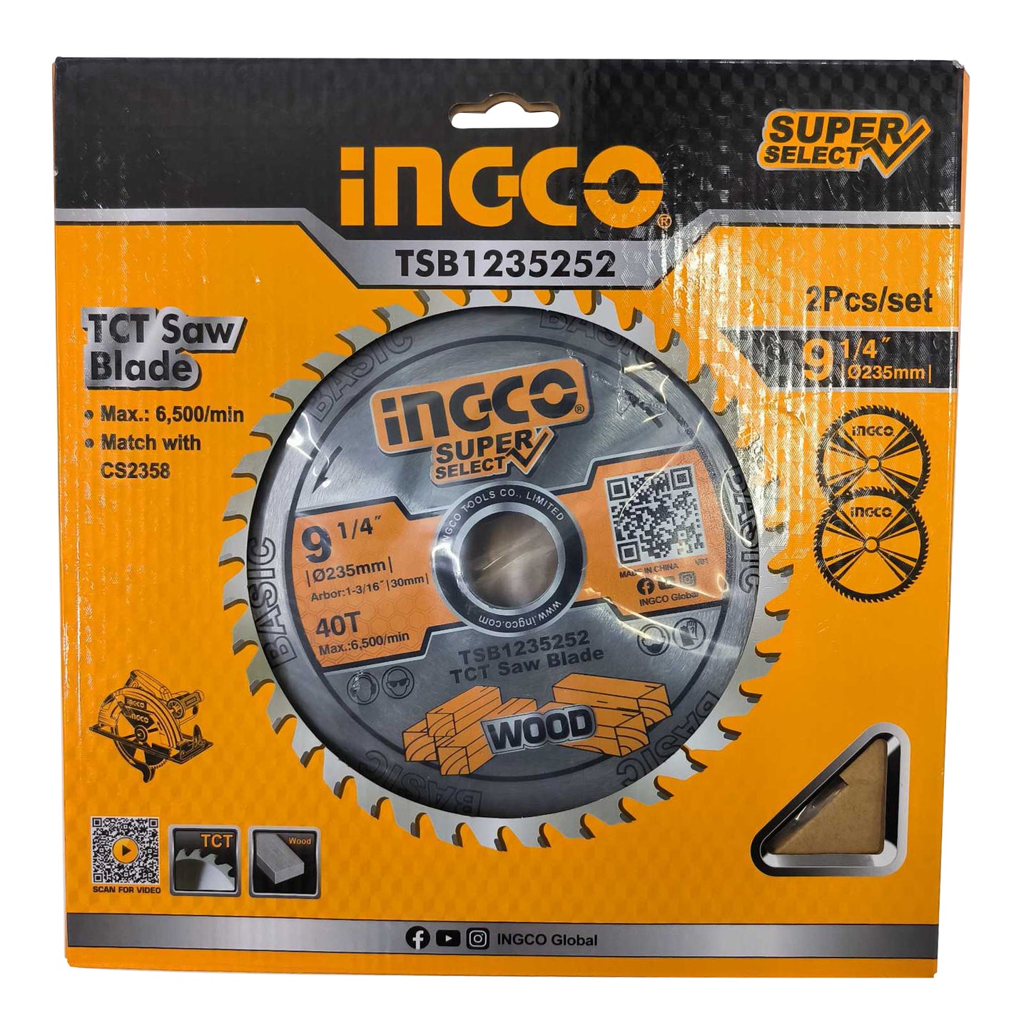 INGCO 9-1/4" inches Industrial TCT Saw Blade Super Select 40T (2pcs/Set) Blade for CS2358 Circular Saw Wood Cutting | TSB1235252