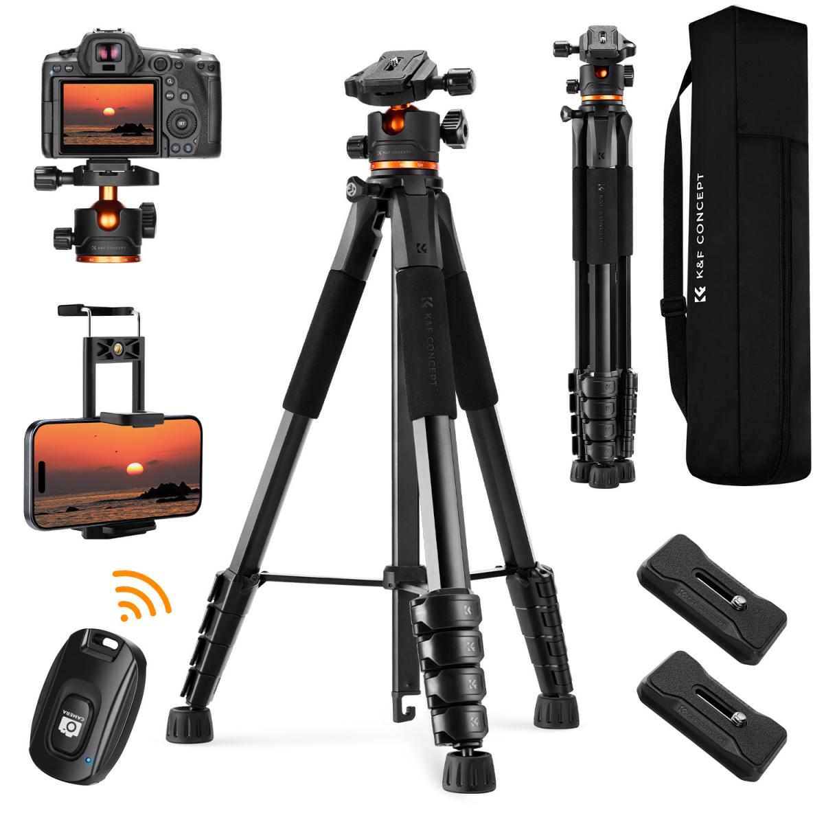 K&F Concept 173cm 3-Way Pan/Tilt Head Aluminum Tripod with 2-in-1 Tablet + Smartphone Holder & Bluetooth Remote, 360° Ball Head, Pentagol Tube Design for Cameras, Studio Lighting, Photography, Vlogging & Live Streaming