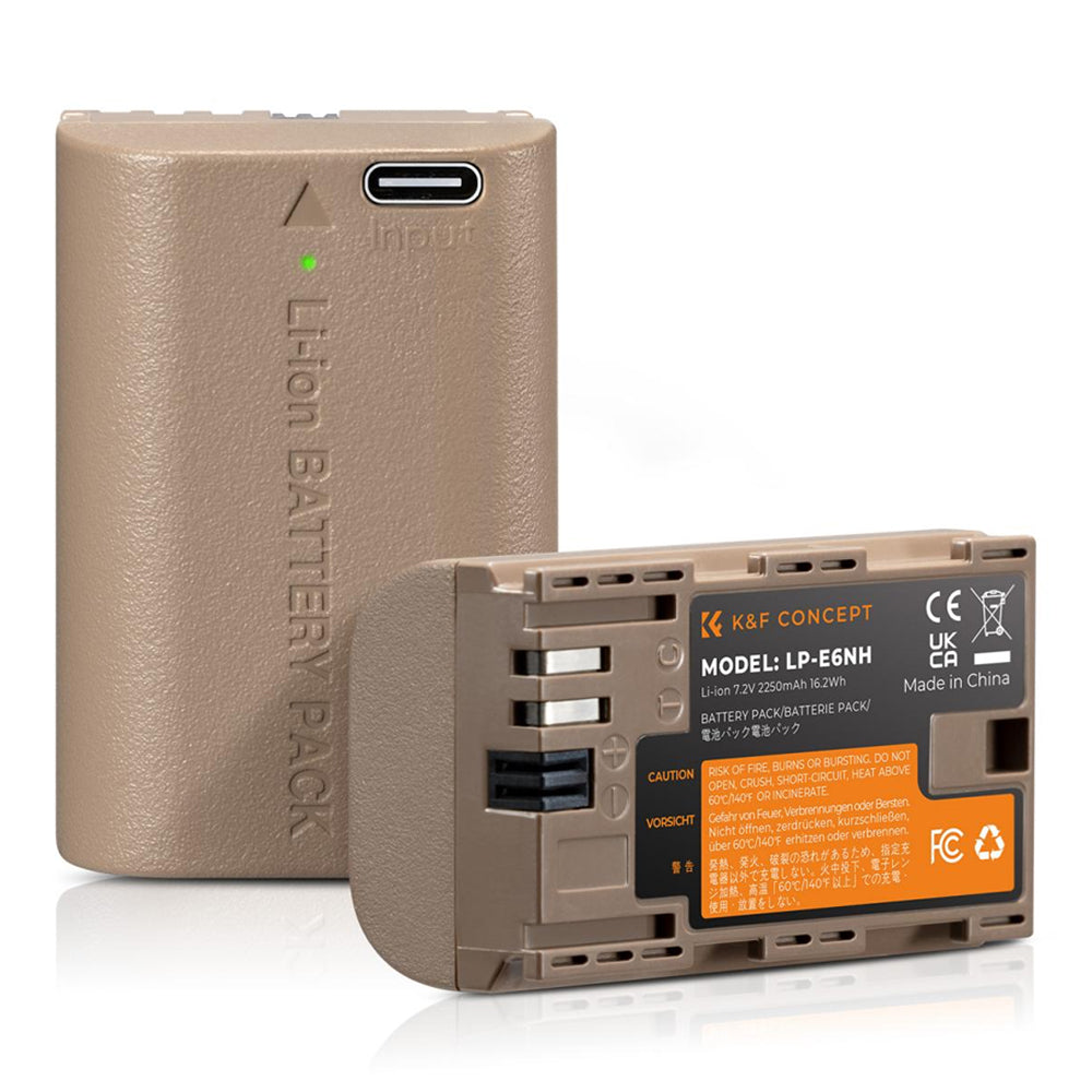 K&F Concept LP-E6NH Rechargeable Li-ion Battery Pack 2250mAh 7.2V with USB Type C Direct Charging Function for Canon EOS 90D/80D/70D/5D Mark II, III, IV/5DS SR/6D/6D Mark II DSLR Camera (1 Pack) | KF28-0022