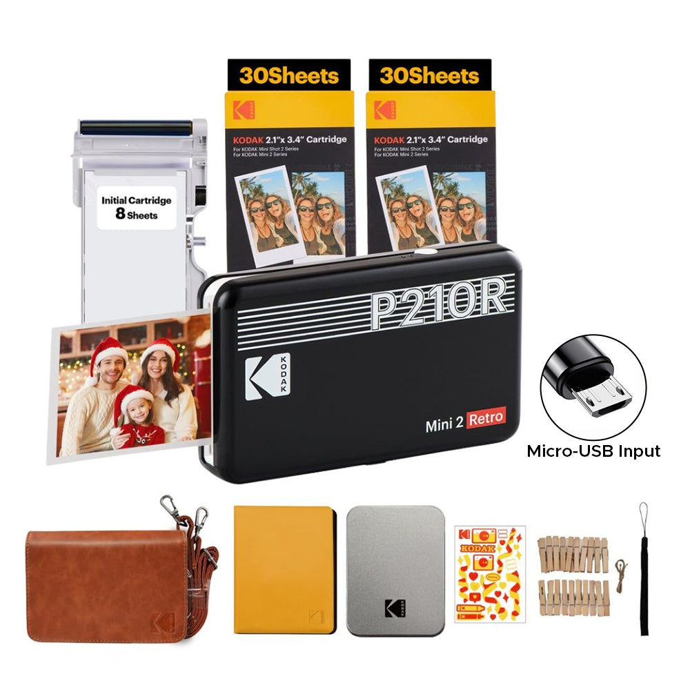 KODAK Mini 2 RETRO Portable Bluetooth NFC Wireless 620mAh Photo Printer Bundle Kit with 68 Film Sheets and Accessories, 2.1" x 3.4" Prints 4PASS Print, Bordered / Borderless Printing, Smartphone App Support (Yellow, Black, White) | P210R