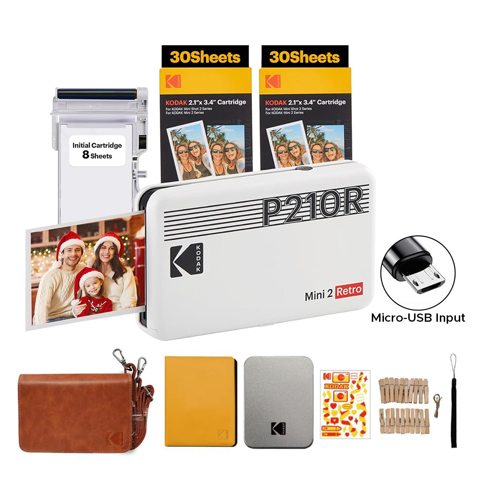 KODAK Mini 2 RETRO Portable Bluetooth NFC Wireless 620mAh Photo Printer Bundle Kit with 68 Film Sheets and Accessories, 2.1" x 3.4" Prints 4PASS Print, Bordered / Borderless Printing, Smartphone App Support (Yellow, Black, White) | P210R
