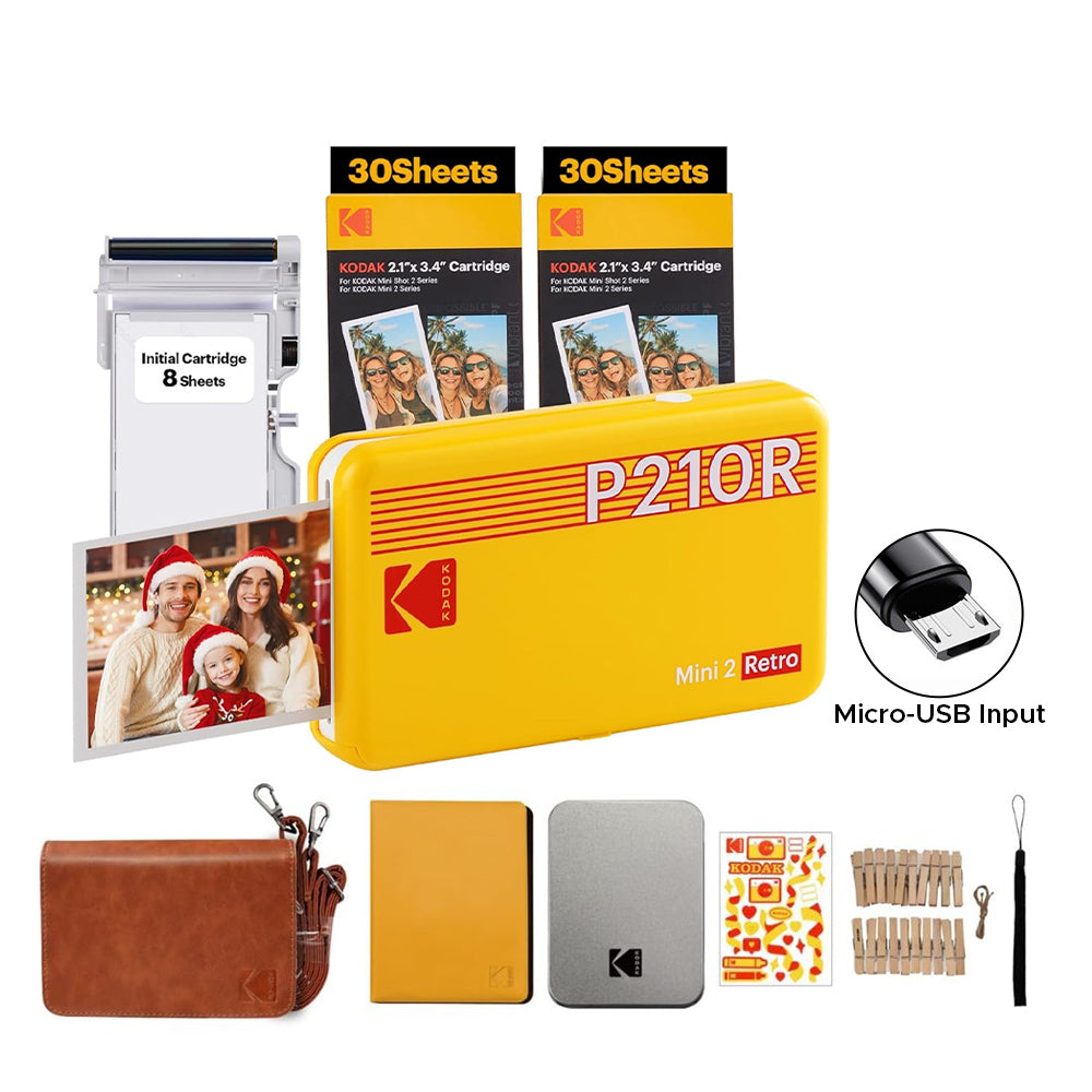KODAK Mini 2 RETRO Portable Bluetooth NFC Wireless 620mAh Photo Printer Bundle Kit with 68 Film Sheets and Accessories, 2.1" x 3.4" Prints 4PASS Print, Bordered / Borderless Printing, Smartphone App Support (Yellow, Black, White) | P210R