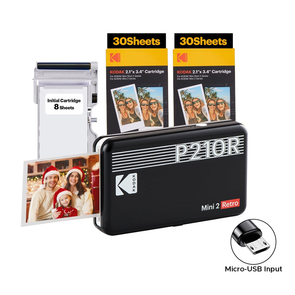 KODAK Mini 2 RETRO Portable Bluetooth NFC Wireless 620mAh Photo Printer Bundle Kit with 68 Film Sheets and Accessories, 2.1" x 3.4" Prints 4PASS Print, Bordered / Borderless Printing, Smartphone App Support (Yellow, Black, White) | P210R