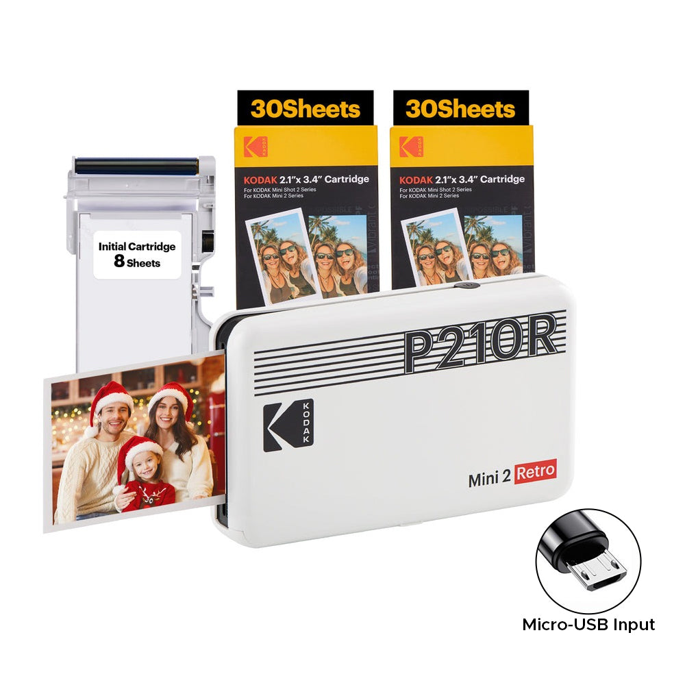 KODAK Mini 2 RETRO Portable Bluetooth NFC Wireless 620mAh Photo Printer Bundle Kit with 68 Film Sheets and Accessories, 2.1" x 3.4" Prints 4PASS Print, Bordered / Borderless Printing, Smartphone App Support (Yellow, Black, White) | P210R