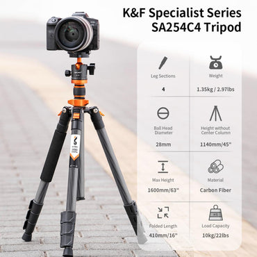 K&F Concept BH-28L Carbon Fiber Tripod with Monopod Function, Quick Release Plate, 28mm Metal Ball Head, 160cm Max Height, 10kg Payload Capacity for Digital Camera, Camcorder, Clip Phone Holder, Video Fill Light, Photography | KF09-109