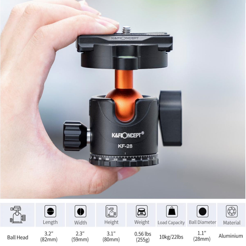 K&F Concept BH-28L Carbon Fiber Tripod with Monopod Function, Quick Release Plate, 28mm Metal Ball Head, 160cm Max Height, 10kg Payload Capacity for Digital Camera, Camcorder, Clip Phone Holder, Video Fill Light, Photography | KF09-109
