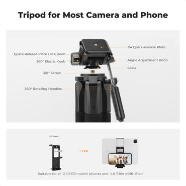 K&F Concept 173cm 3-Way Pan/Tilt Head Aluminum Tripod with 2-in-1 Tablet + Smartphone Holder & Bluetooth Remote, 360° Ball Head, Pentagol Tube Design for Cameras, Studio Lighting, Photography, Vlogging & Live Streaming