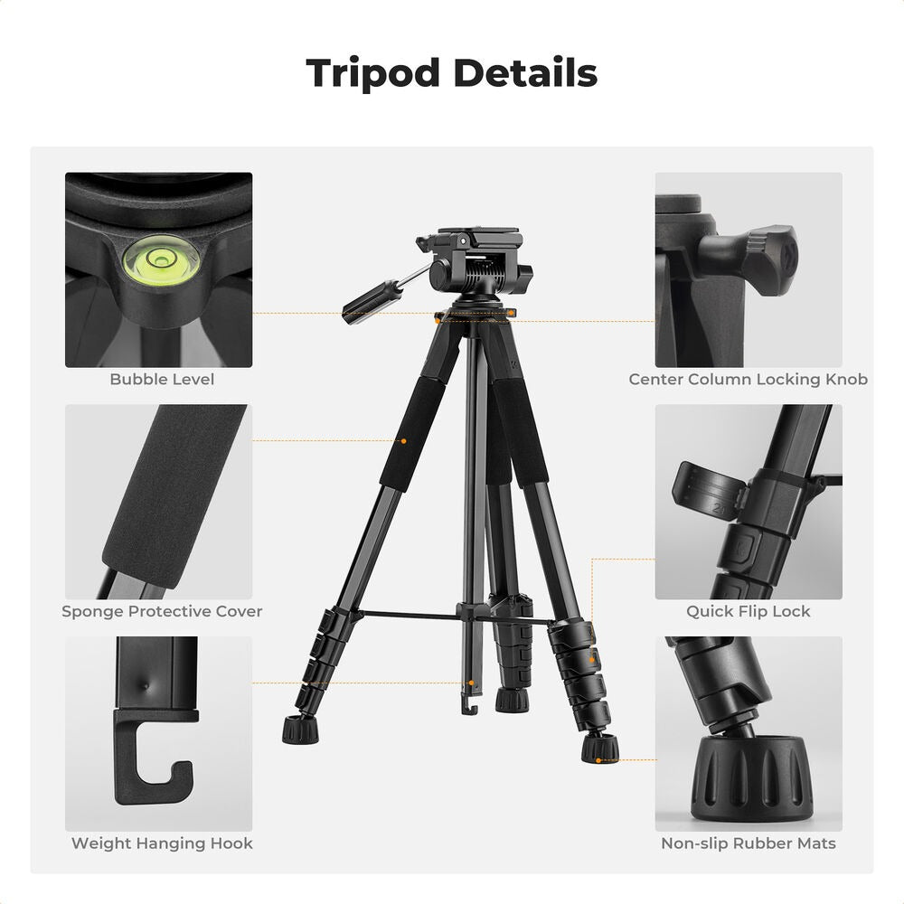 K&F Concept 173cm 3-Way Pan/Tilt Head Aluminum Tripod with 2-in-1 Tablet + Smartphone Holder & Bluetooth Remote, 360° Ball Head, Pentagol Tube Design for Cameras, Studio Lighting, Photography, Vlogging & Live Streaming