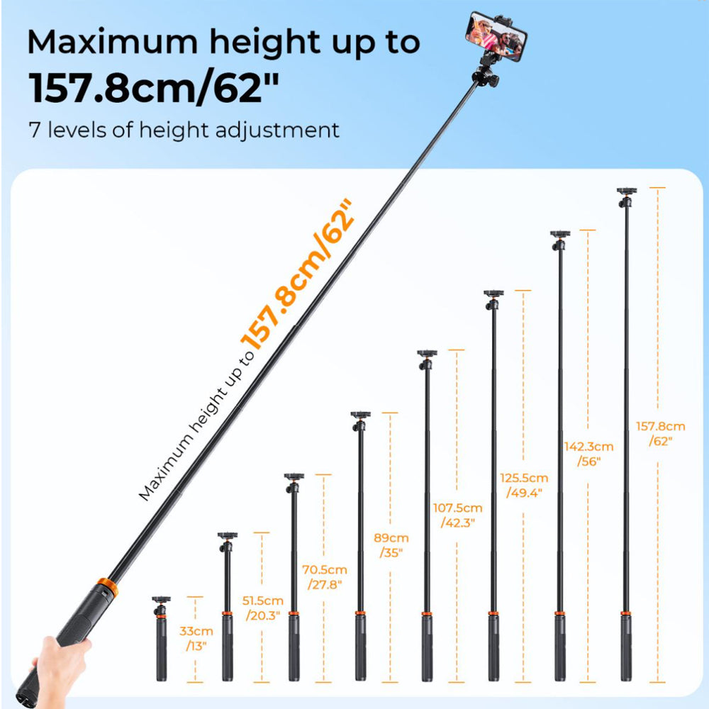 K&F Concept MS04 62" Retractable Selfie Stick Tripod with Built-In Mobile Phone Clip Holder, Action Camera Mount Adapter, Bluetooth Remote Control for Smartphones, Digital Camera, Video Fill Light, Camcorder, GoPro Hero, Insta360, DJI Osmo