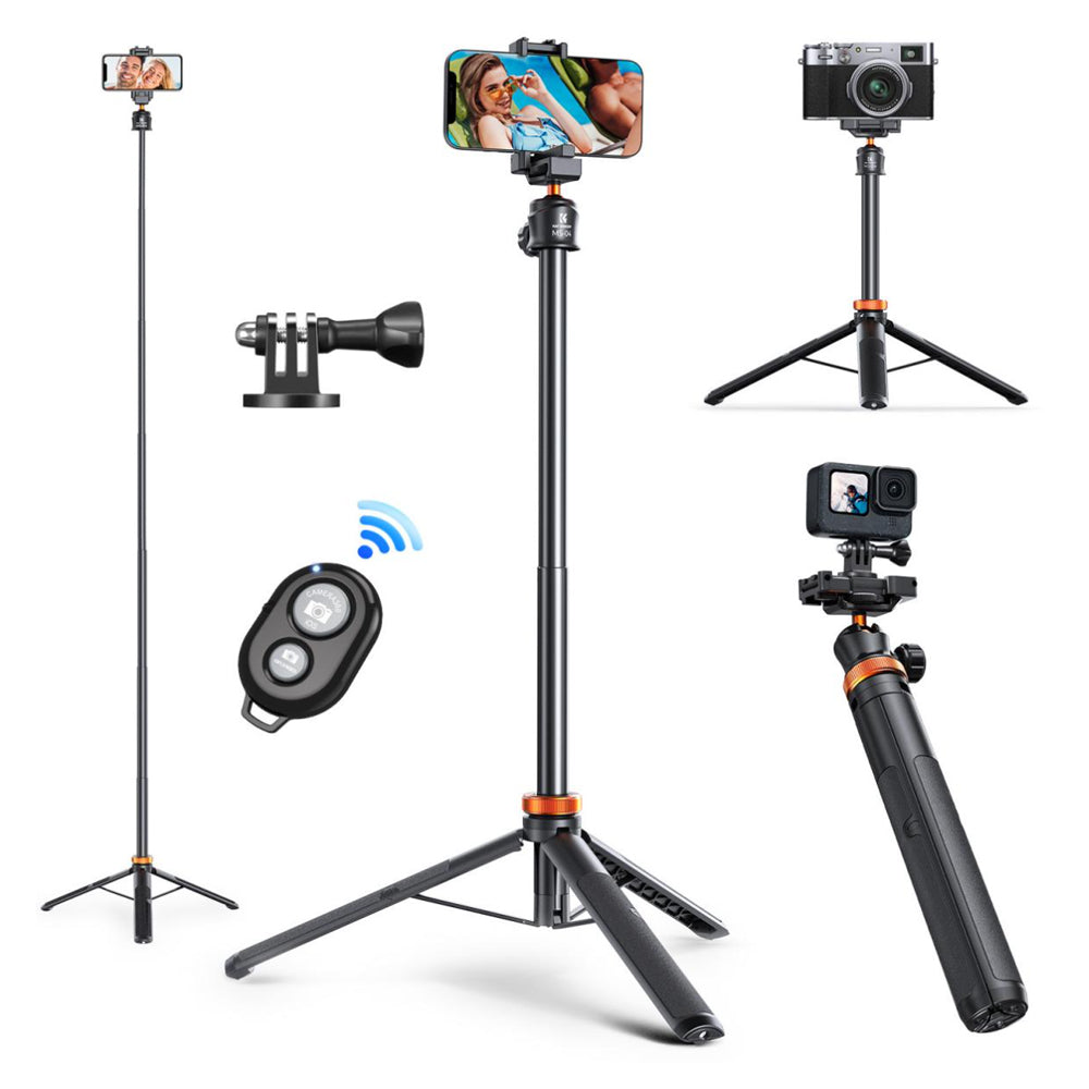 K&F Concept MS04 62" Retractable Selfie Stick Tripod with Built-In Mobile Phone Clip Holder, Action Camera Mount Adapter, Bluetooth Remote Control for Smartphones, Digital Camera, Video Fill Light, Camcorder, GoPro Hero, Insta360, DJI Osmo
