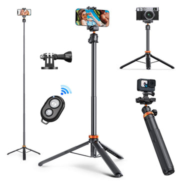 K&F Concept MS04 62" Retractable Selfie Stick Tripod with Built-In Mobile Phone Clip Holder, Action Camera Mount Adapter, Bluetooth Remote Control for Smartphones, Digital Camera, Video Fill Light, Camcorder, GoPro Hero, Insta360, DJI Osmo